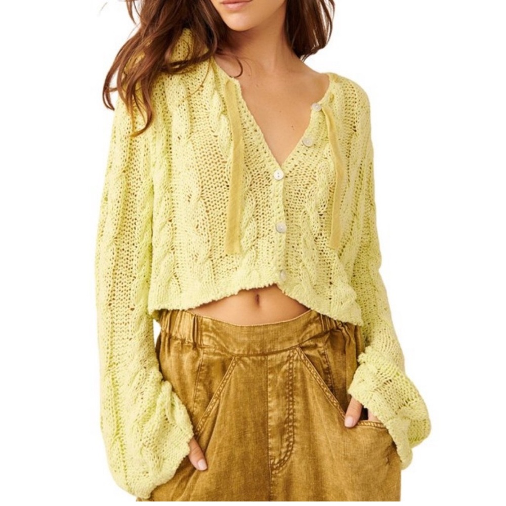 Free People Robyn Knitted Cardi Size Large Lime Green Gelb